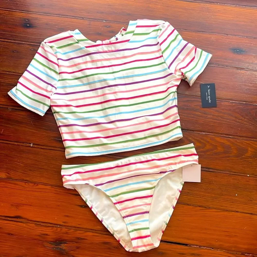 NWT Kate Spade striped short sleeve crewneck modest bikini swimsuit set sz L